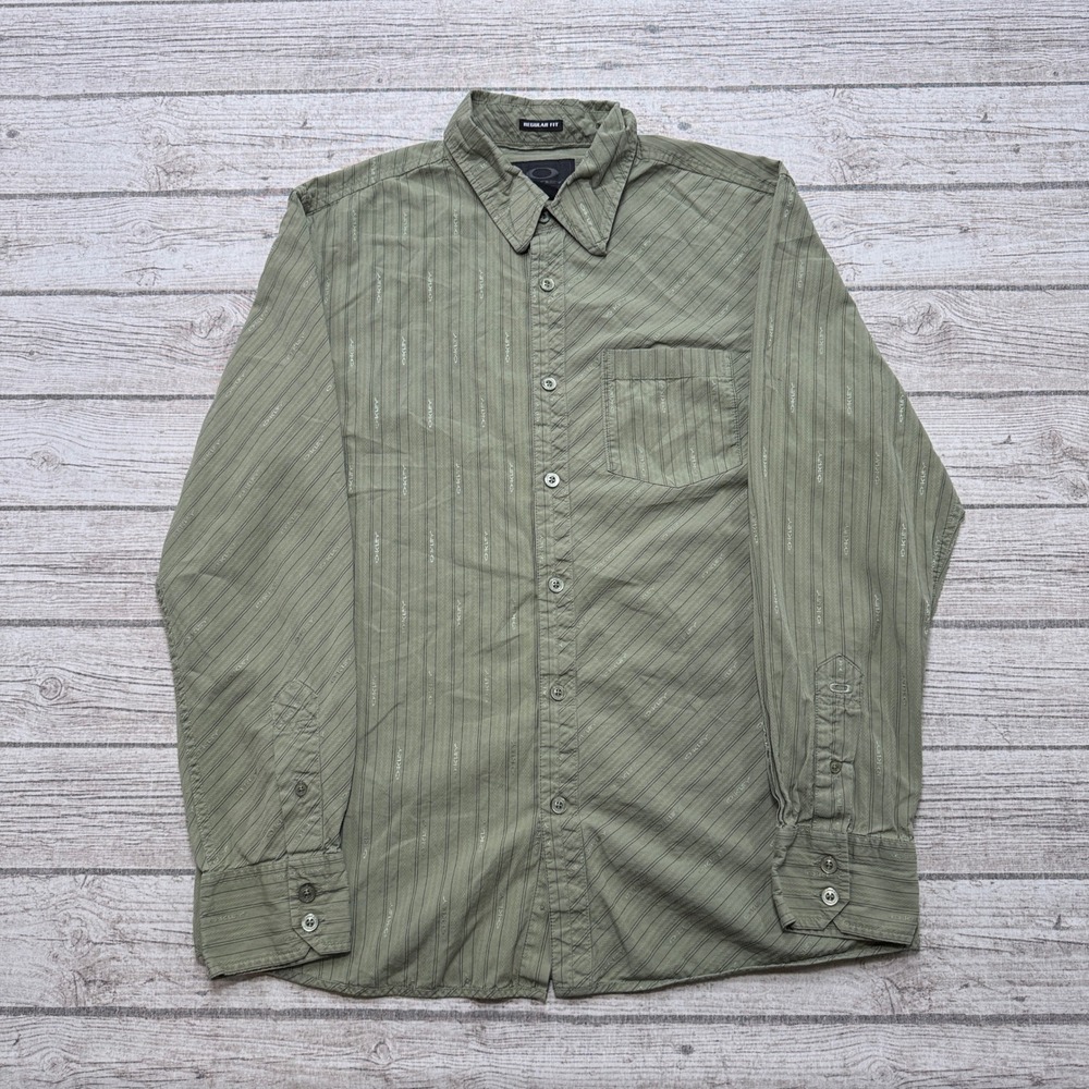 Oakley Shirt Men's L Olive Green Striped Button Down Long Sleeve Regular Fit